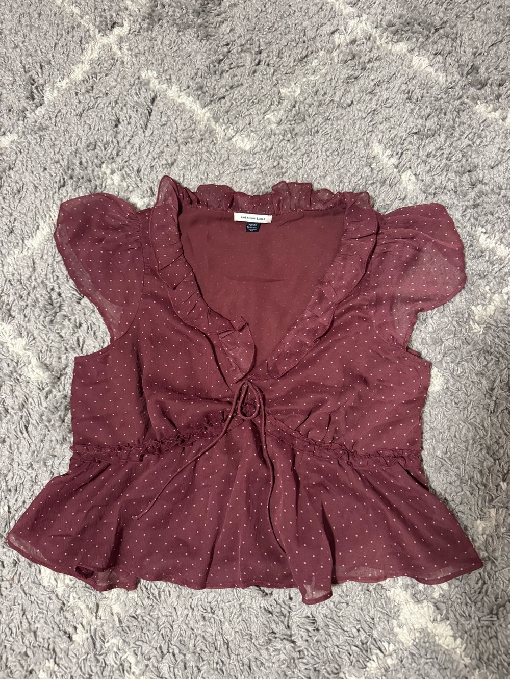 American Eagle Outfitters Burgundy Polka Dot Ruffle Tie-Front Blouse NEVER WORN